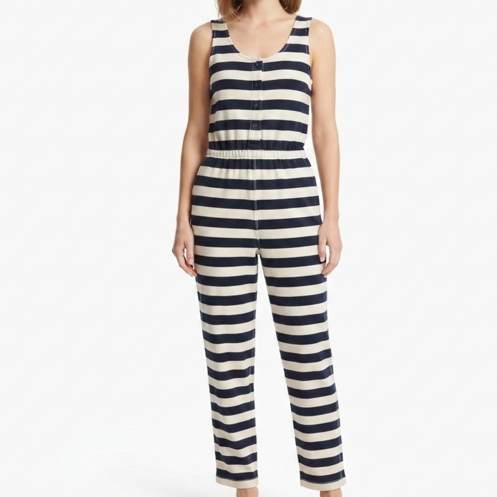 Mo:vint New York Jumpsuit Womens Navy Cream Striped Textured Twill Nautical
